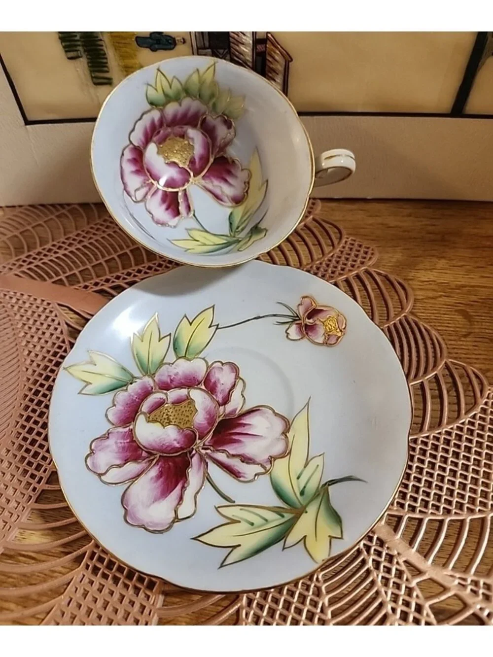 Hand Painted Gold Tea Cup & Saucer Set Vintage Bone China Blue Pink Porcelain